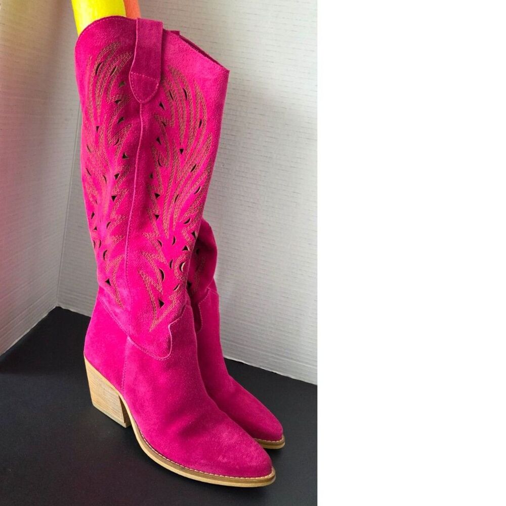 KS Kali Shoes Rea Magenta Pink Texan Laser-Cut Western Boots Suede Sz EU 38 - Picture 2 of 9